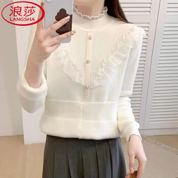 Langsha velvet thickened lace half turtleneck all-in-one velvet sweater 2025 autumn and winter new bottoming sweater warm top for women white s