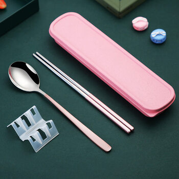 Tuojin imported quality portable chopsticks and spoons set from germany for one person, three-piece children's tableware set, stainless steel fork single set, 3-piece set, pink silver