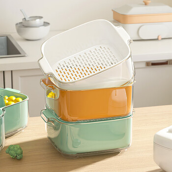 Muya double-layered vegetable sink drain basket eight-piece set multi-functional kitchen household new fruit tray living room washing vegetable basket mint green double-layered drain basket medium size