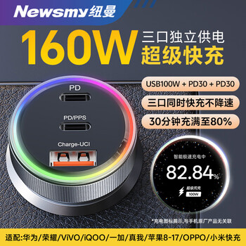 Newman car charger super fast charging, three independent ports, total 160w, suitable for oppovivo, supports apple dual-channel pd, simultaneous fast charging, colorful aperture stand-alone