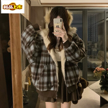 Chu jing reversible plush jacket women's cotton jacket 2025 winter new retro plaid thickened warm baseball cotton jacket blue check s