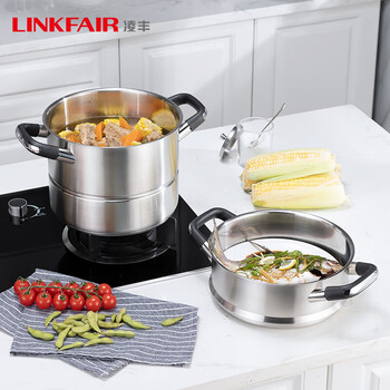 Lingfeng (linkfair) 304 stainless steel steamer large capacity deep double-layer household soup pot steamed buns steamed fish steamer 28cm_11 liters (double-layer steamable)