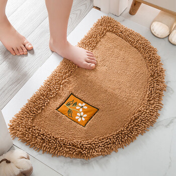 Fantasy chenille absorbent floor mat, nordic style pure cotton door mat, anti-slip household foot mat, semi-circle + dark coffee 50x80cm, free anti-slip mesh mat