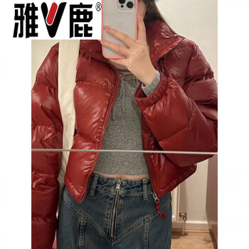 Yalu red glossy short down jacket women's 2026 winter new style kendou style small bread jacket black red s