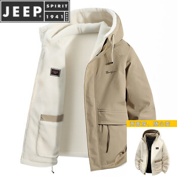 Jeep spirit jacket men's velvet thickening winter new style double-sided jacket loose medium and handsome cotton clothing trend double-sided khaki m 80-100 pounds