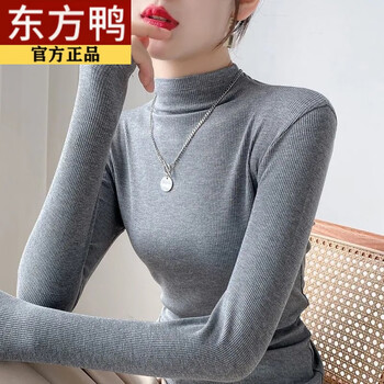 Oriental duck half turtleneck long-sleeved t-shirt for women autumn and winter new solid color slim fit 100% cotton bottoming shirt mid-collar inner top gray l recommended 95-110 catties