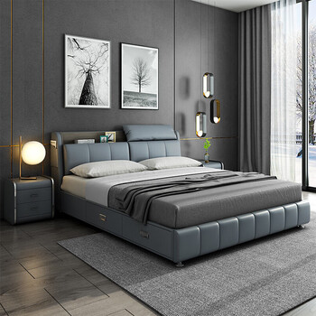 Deting leather bed, simple modern master bedroom king bed double leather bed master bedroom marriage bed light luxury leather art bed solid wood bed leather bed + 2 cabinets + latex independent spring mattress 1.8*2.0 meter frame bed with drawer