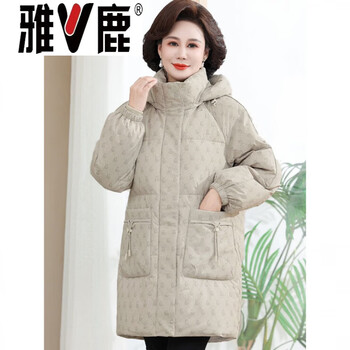 Yalu mama down jacket women's medium long thick middle-aged and elderly large size loose fashion hooded jacket winter jacket black xl beige 2xl