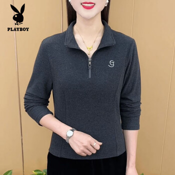 Playboy (playboy) warm zipper temperament base autumn and winter new style derong mom winter letter printed three-dimensional dopamine long-sleeved top dark gray 4xl 155-169 pounds