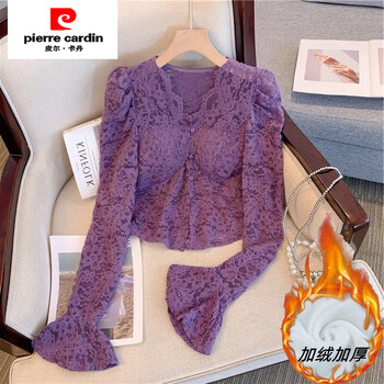 Pierre cardin velvet thickened white lace bottoming shirt for women autumn and winter french sensual sexy bell-sleeved short top purple - body with velvet sleeves without velvet l - recommended 105-115 pounds -