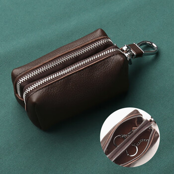 Septwolves key bag men's and women's large capacity car storage bag coin purse genuine leather multi-function hook key bag 2025 new double layer key coin purse - brown
