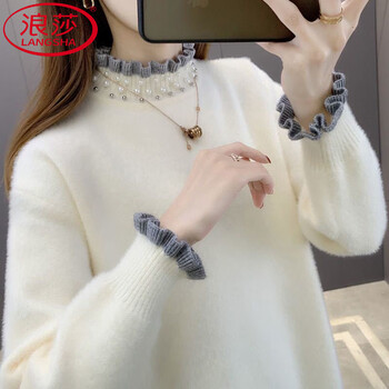 Langsha beaded semi-turtleneck water sweater with earrings for women 2025 new velvet thickened bottoming shirt for autumn and winter inner wear white + gray edge genuine not expensive s 85-95 catties