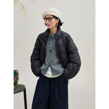 Malin's 2025 winter new product 95 white duck down simple stand-up collar three-dimensional quilted stripe design bread jacket down jacket plain black s