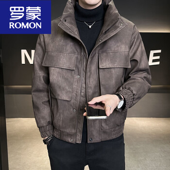 Romon leather down jacket men's winter stand collar trendy brand 2025 new casual big pocket american retro thickened winter jacket brown 3xl 180-200 catties or so
