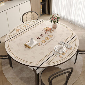 Fantasy oval dining table mat, no-wash, high-end folding round table tablecloth, waterproof, oil-proof, anti-scalding leather coffee table tablecloth, folding round table 86x138cm fan-shaped on both sides, wc peace and joy, new generation whale thickened belly grain gray bottom leather