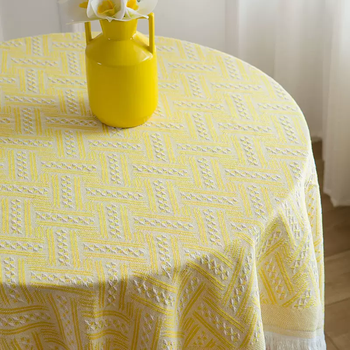 Yusenyi chinese style ethnic geometric cotton and linen morandi color lace tablecloth coffee table cloth high-end round tablecloth interwoven t grid yellow thickened 180x340cm