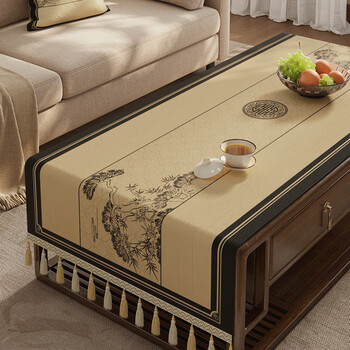 Yusenyi new chinese zen coffee table tablecloth chinese style high-end rectangular dining table cloth sideboard tv qiusongyu bilateral b tassel michelle chenille 80*200cm including tassel size