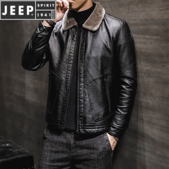 Jeep spirit jeep fur one-piece men's fur collar leather jacket men's lapel leather jacket winter coat trendy handsome coat thickened 2053 black thick plus velvet m recommended to weigh about 50 pounds