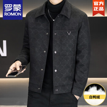 Romon 2025 new woolen down jacket men's winter short slim dark pattern printed lapel jacket warm thickened jacket black xl 135 to 150 catties