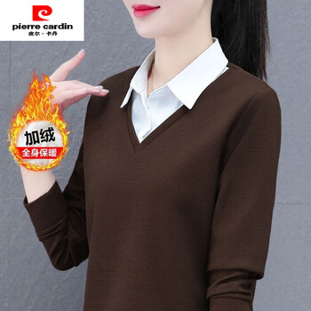 Pierre cardin fake two-piece shirt for women 2025 spring and autumn new fashion lapel trendy pullover sweatshirt winter base shirt ws5009 brown-winter plus velvet 2xl 121-130 catties