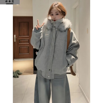 Shidanrui japanese style small lazy fashion style gray hooded woolen coat thickened and warm versatile loose cotton-padded coat gray one size fits all please note the size