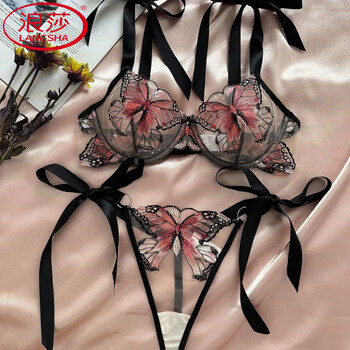 Langsha mesh embroidered lace french transparent bra sexy underwear new set european and american three-point style red suit s