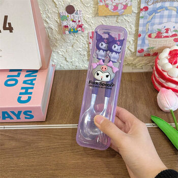 Pickup cat sanrio children's portable cutlery box set cute cartoon outing spoon and fork baby kuromi melody kuromi cutlery set spoon and fork