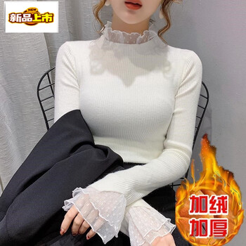 Early diameter velvet bottoming shirt for women, internet celebrity, versatile, slim, half-turtle collar, knitted inner, long-sleeved autumn and winter lace pullover sweater, trendy white velvet, premium warmth, thickened s 95 pounds and below