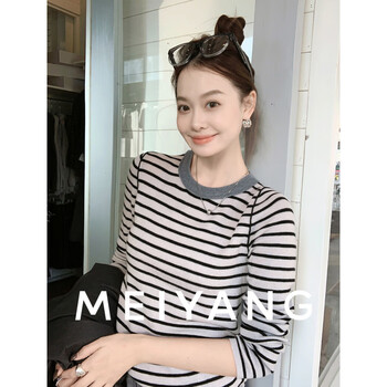 Meiyang sesame cookie bottoming shirt sheep wool blended round neck slim contrast striped shirt-thursday gray and black stripes m