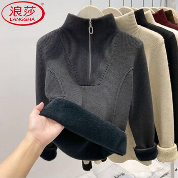 Langsha plus velvet and thickened 2025 new all-in-one velvet sweater for women autumn and winter wear zipper half turtleneck warm base inner top dark gray premium zipper all-in-one velvet xxs no code broken