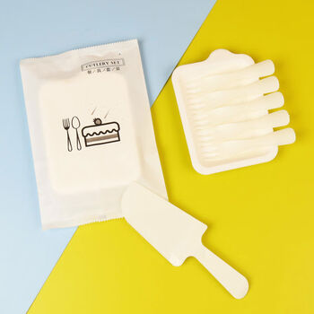 Traditional and simplified disposable paper plates, cutlery and tray combination, rectangular plate and fork set, tableware, birthday all-in-one set, whole box, pulp plate, 5 plates, 5 forks and knives, 250 sets