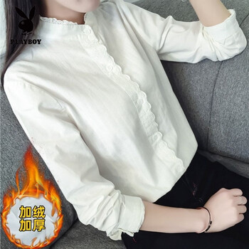 Playboy (playboy) korean style lace small stand-up collar cotton inner with velvet long-sleeved shirt for women loose temperament white bottoming shirt for women white velvet s 85-95