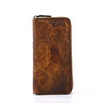 Wholesale genuine leather wallet retro handmade long wide wrist bag first layer cowhide long clutch bag fashionable zipper yellow brown