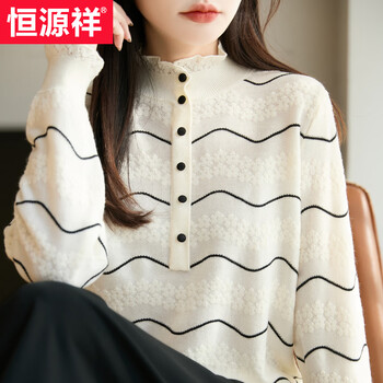 Hengyuanxiang foreign style versatile wavy pattern half open collar sweater women's long sleeve age-reducing button lace bottoming shirt half turtleneck sweater wavy pattern m
