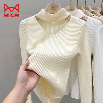 Miiow half turtleneck knitted bottoming shirt for women, autumn and winter 2025 new style hollow halter neck sweater, slim fit inner long-sleeved top, apricot, one size fits all, 80-120 pounds