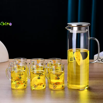 Yusenyi explosion-proof heat-resistant high-temperature glass thickened kettle for cooling with water cup large capacity kettle water bottle cold cup juice lid open kettle plus 6 cups of small bees 6ml