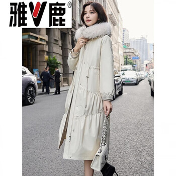 Yalu goose down down jacket 2026 winter women's new 90 velvet pagoda over-the-knee raccoon fur collar removable liner jacket beige m _80-100 jin