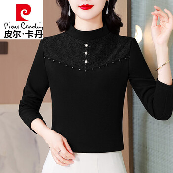 Pierre cardin (pierre cardin) middle-aged mother i mom velvet thickened bottoming shirt for women autumn and winter style lace blouse half turtleneck velvet top black (plus velvet) <this year's trend is chic, beautiful, unique design, super nice, thickened 4xl 145-160 pounds
