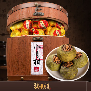 Fu dongshun tea pu'er tea small green mandarin 500g tangerine peel pu'er ripe tea raw sun-dried xinhui small green mandarin wooden barrel 500g