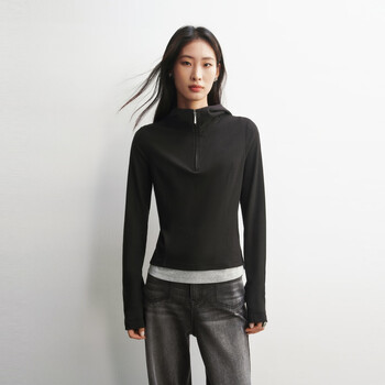 Peacebird half-open zipper long-sleeved t-shirt 26 spring new women's commuting contrast color fake two-piece hooded top black s 155