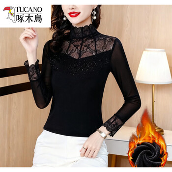 Woodpecker (tucano) black half turtleneck long-sleeved bottoming shirt for women 2025 autumn and winter inner stitching mesh design large size velvet top trendy black velvet 4xl 140150 catties