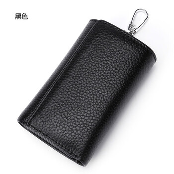 Preferred first layer cowhide key bag door multifunctional coin purse genuine belt card slot double snap key bag men and women black