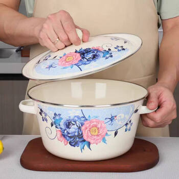 Tuojin japan imports quality old-fashioned enamel lard basin enamel bowl with lid and thickened lard tank to store meat and oil enamel 26cm double-ear cover basin (happiness matchmaking)