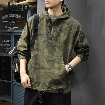 Jeep spirit half-zip camouflage jacket men's spring and autumn new trendy brand loose hooded tops workwear assault jacket men green camouflage m