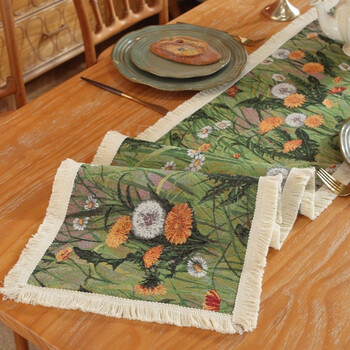 Yusen yi flowers and birds retro style dining table, sideboard cover, decorative cloth, doily to cover up the ugly tablecloth plus dandelion table runner, beige rows of beards and thickened jacquard cloth 30*240cm