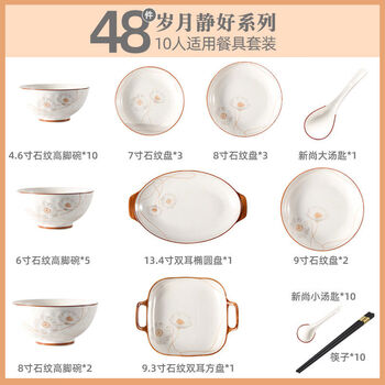 Jieyunmao chinese-style ceramic tableware set, years of peace and good looks, household ceramic bowl and tableware set, family set 48-piece set
