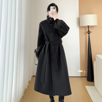 Pierre cardin stand collar warm thickened coat for women mid-length 2025 autumn and winter new style loose thickened warm coat black wool coat s recommended 80-118 catties