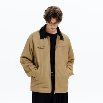 Pso brand men's women's brushed faux suede embroidered contrast collar retro loose zip jacket suede khaki khaki xs