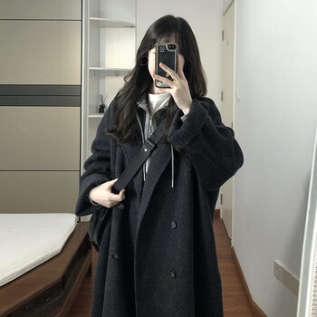 Garnuo black and gray double-sided wool coat for women mid-length autumn and winter small high-end hepburn style thickened woolen coat dark gray l 131-150 pounds