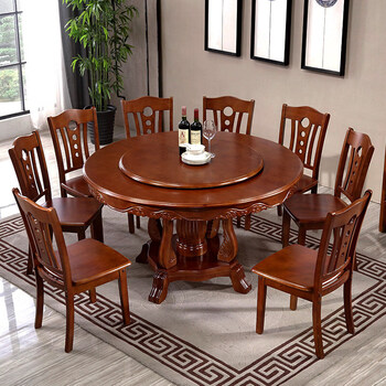 Guansi solid wood dining table and chair combination chinese style large and small household rubber wood large round table with turntable dining table 1.2m dining table + 4 chairs + turntable